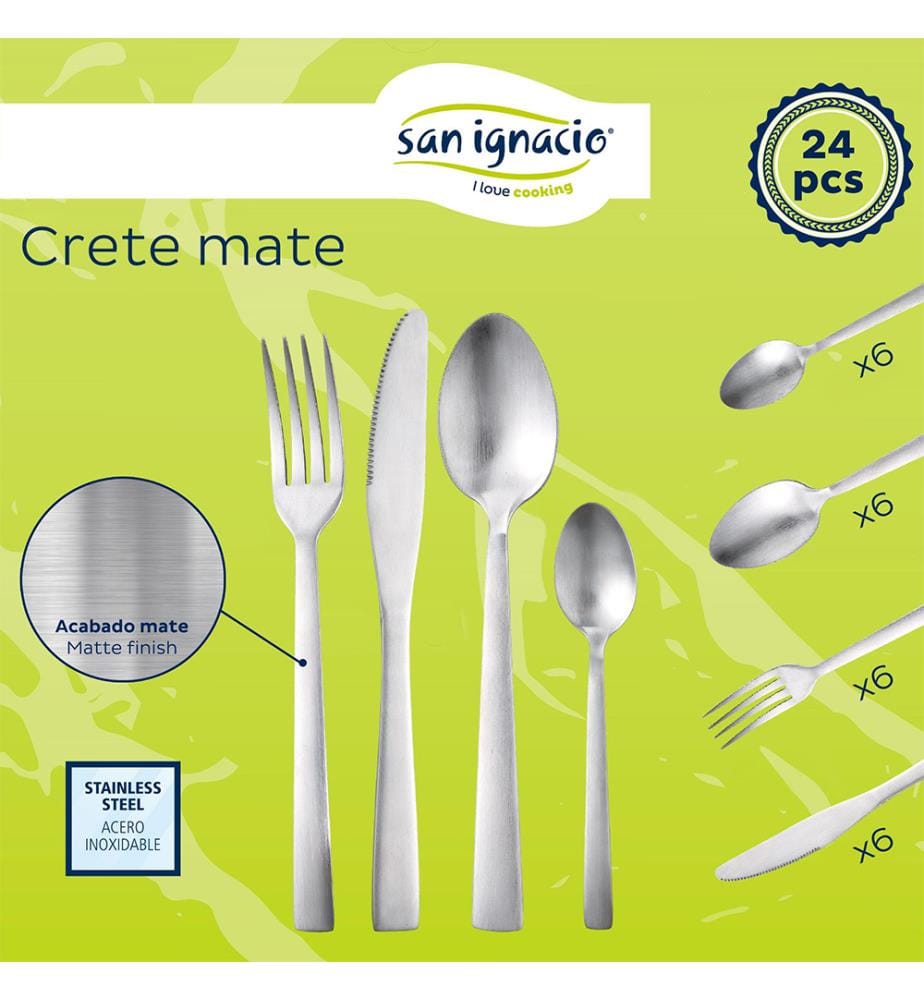24-teiliges Besteckset (6 Löffel + 6 Gabeln + 6 Messer + 6 Kaffeelöffel) aus mattem Edelstahl von San Ignacio","detected_source_language":"FR
