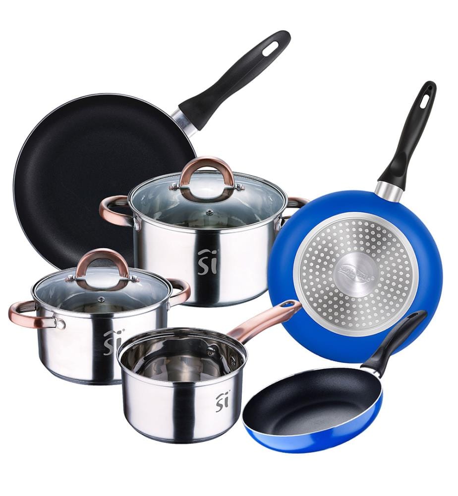 5-teiliges Kochgeschirrset aus Edelstahl (Ø 16, Ø 18, Ø 20 cm) mit 2 Glasdeckeln und 3 Pfannen (Ø 16, Ø 18, Ø 20 cm) aus gepresstem Aluminium, induktionsgeeignet.","detected_source_language":"FR
