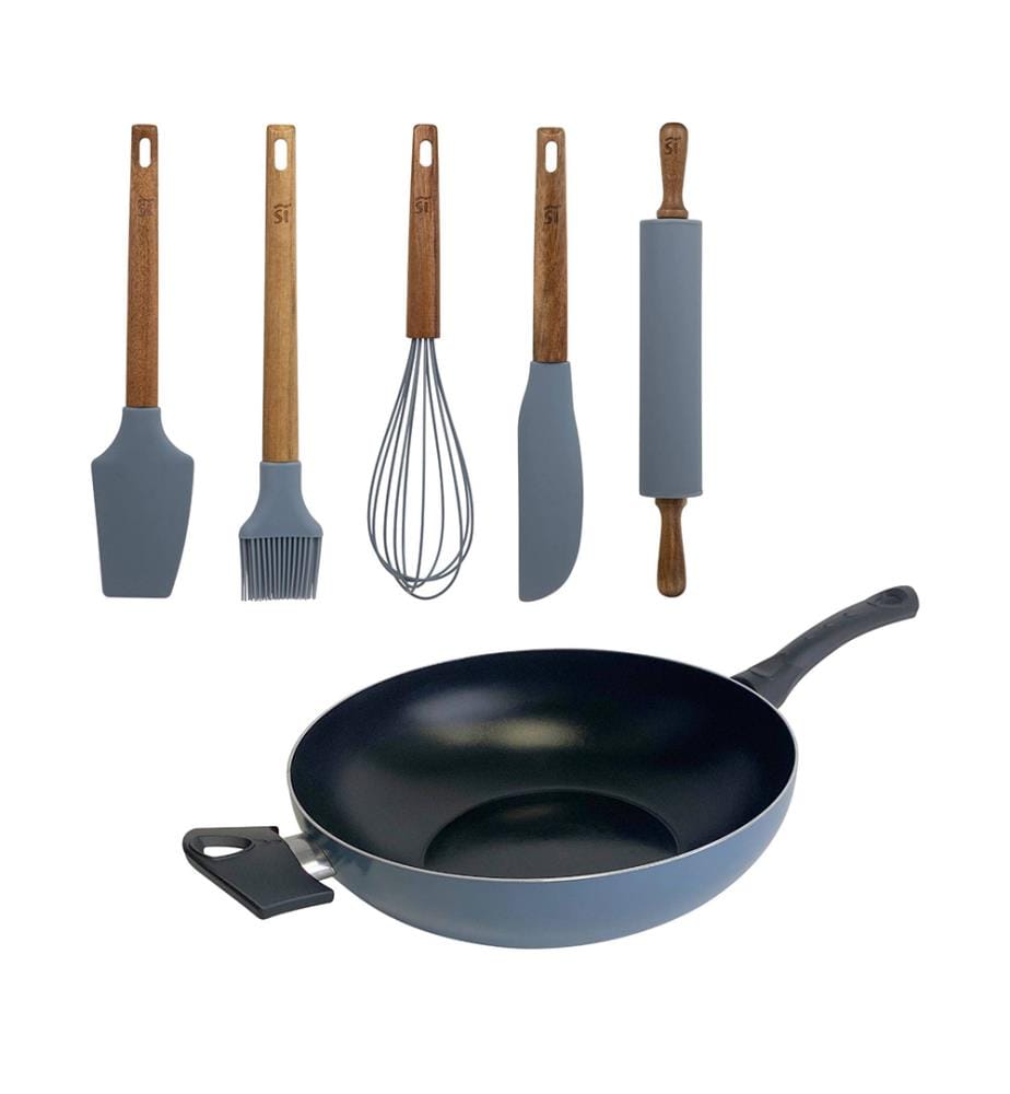Blauer Wok aus gepresstem Aluminium mit 30 cm Durchmesser + 5-teiliges Set aus Silikon- und Holzutensilien von NOIA San Ignacio","detected_source_language":"FR