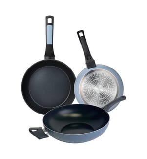 2er-Set Pfannen (Ø 20 × 26 cm) + Wok (Ø 30 cm) aus gepresstem Aluminium, blau, NOIA San Ignacio","detected_source_language":"FR