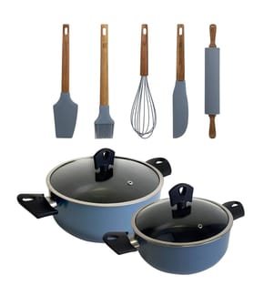 2er-Set Töpfe, Ø 20 × Ø 24 cm, mit Deckeln aus gepresstem Aluminium, Farbe: Blau + 5-teiliges Set Küchenutensilien aus Silikon und Holz von NOIA San Ignacio","detected_source_language":"FR