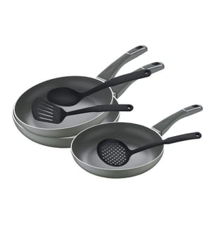 San Ignacio Trebol-Pfannenset aus gepresstem Aluminium (20, 24 und 28 cm) und Küchenutensilienset aus Nylon","detected_source_language":"FR