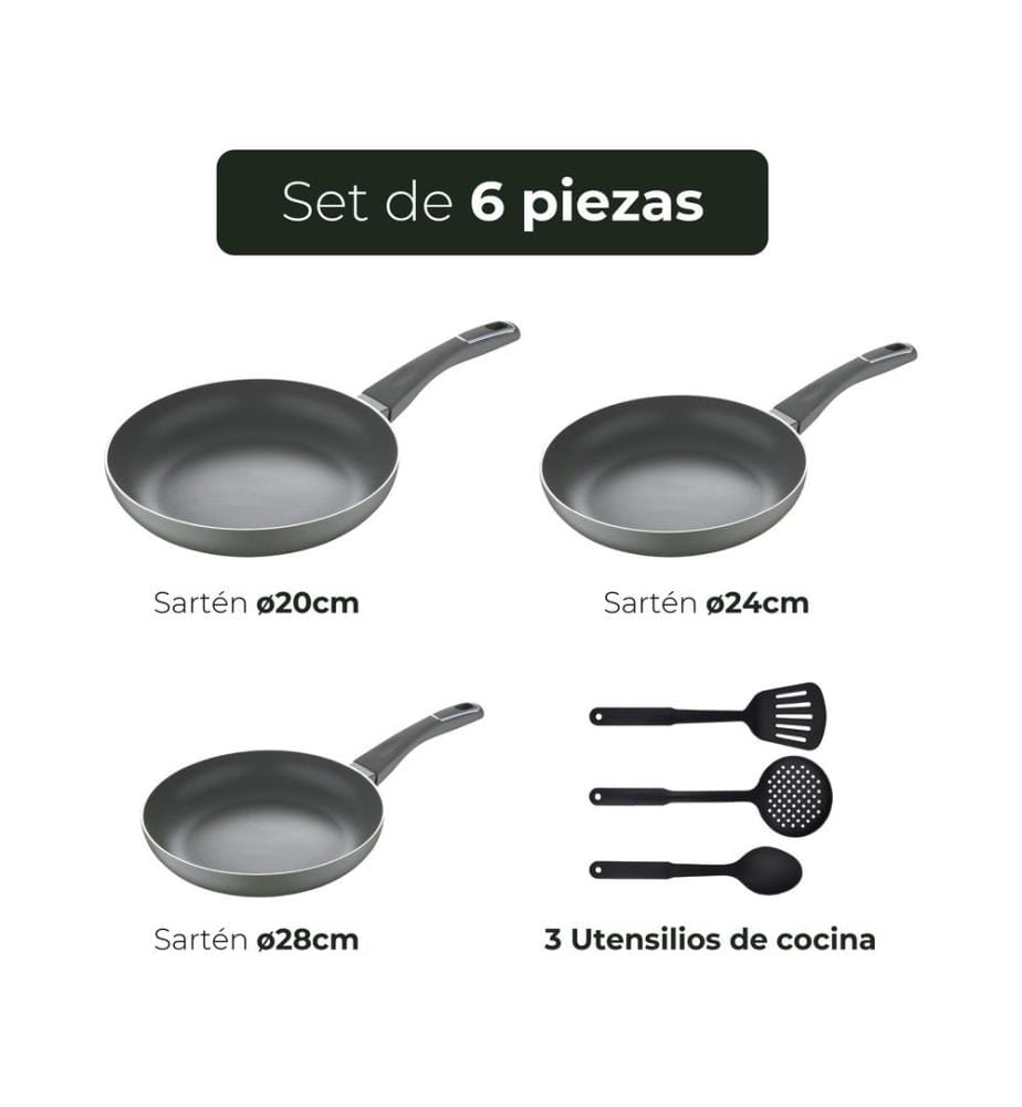 San Ignacio Trebol-Pfannenset aus gepresstem Aluminium (20, 24 und 28 cm) und Küchenutensilienset aus Nylon","detected_source_language":"FR