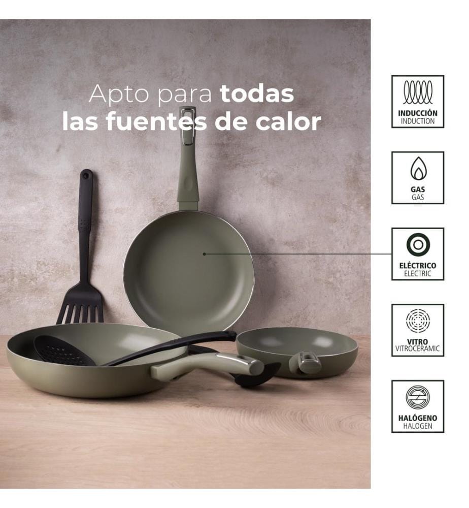 San Ignacio Trebol-Pfannenset aus gepresstem Aluminium (20, 24 und 28 cm) und Küchenutensilienset aus Nylon","detected_source_language":"FR