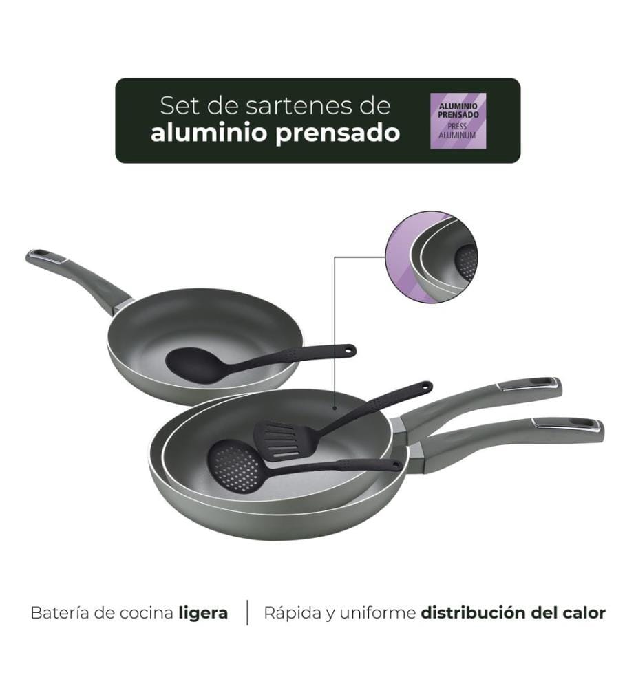 San Ignacio Trebol-Pfannenset aus gepresstem Aluminium (20, 24 und 28 cm) und Küchenutensilienset aus Nylon","detected_source_language":"FR