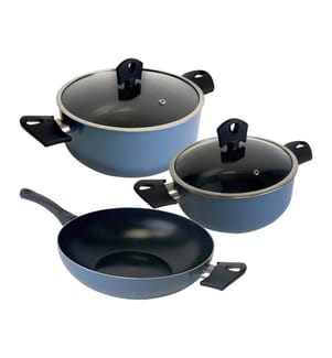 Set di 2 pentole (Ø20-Ø24 cm) con coperchi + wok (Ø30 cm) in alluminio pressato, blu, NOIA San Ignacio","detected_source_language":"FR