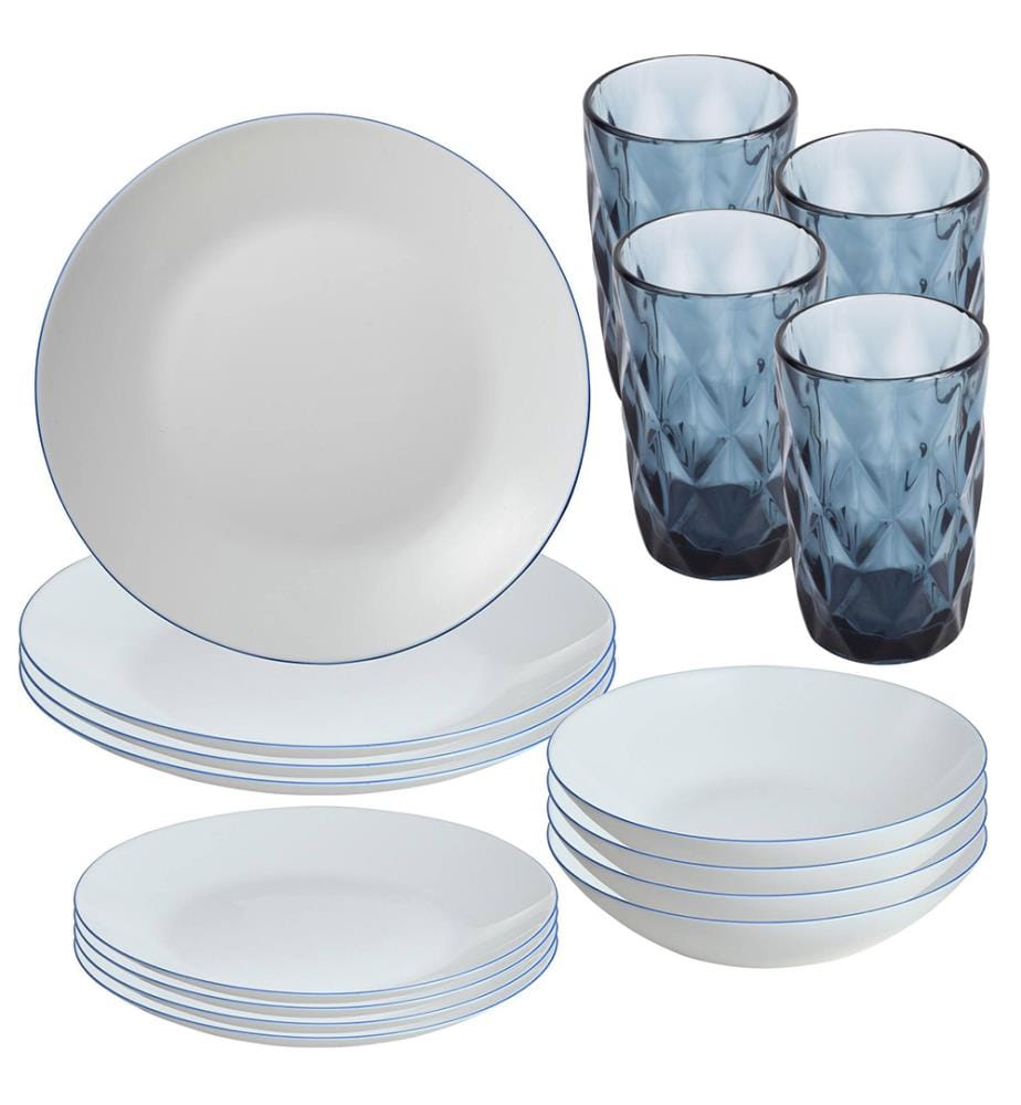 Service de table blanc 12 pièces à bordure bleue + 4 verres en cristal bleu San Ignacio de 350 ml
