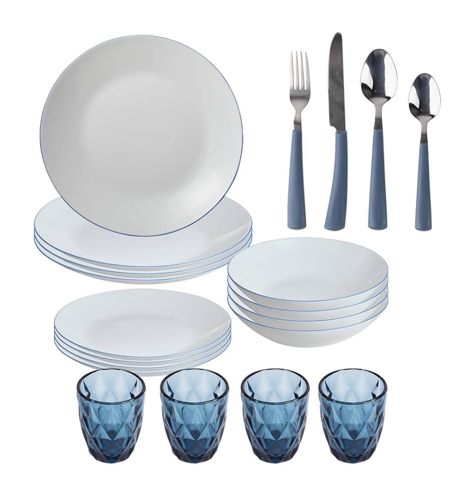 Weisses 12-teiliges Geschirrset mit blauer Bordüre + 4 blaue Gläser à 260 ml + 16-teiliges Besteckset aus blauem Edelstahl von San Ignacio","detected_source_language":"FR