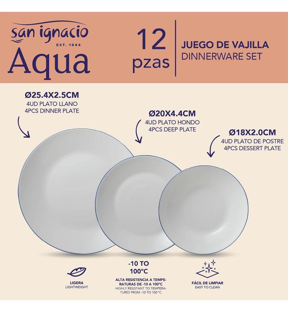 Weisses 12-teiliges Geschirrset mit blauer Bordüre + 4 blaue Gläser à 260 ml + 16-teiliges Besteckset aus blauem Edelstahl von San Ignacio","detected_source_language":"FR