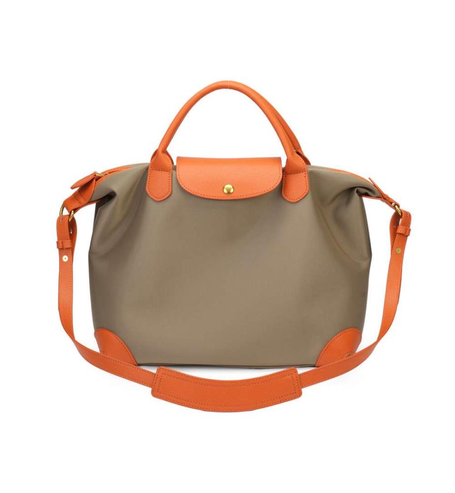 Wasserabweisende Nylon-Handtasche mit grossem Fassungsvermögen und Besatz aus echtem Leder – Khaki