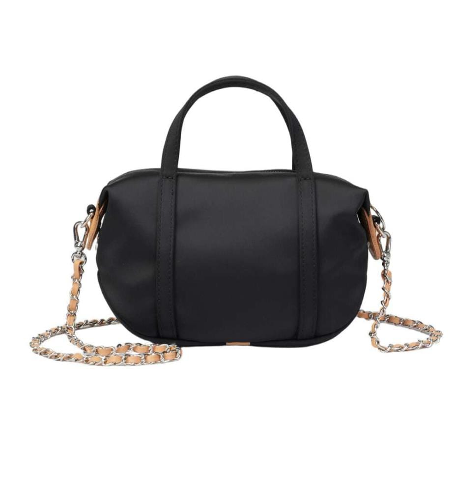 Petit sac Boston en satin de triacétate avec bandoulière en cuir - Noir