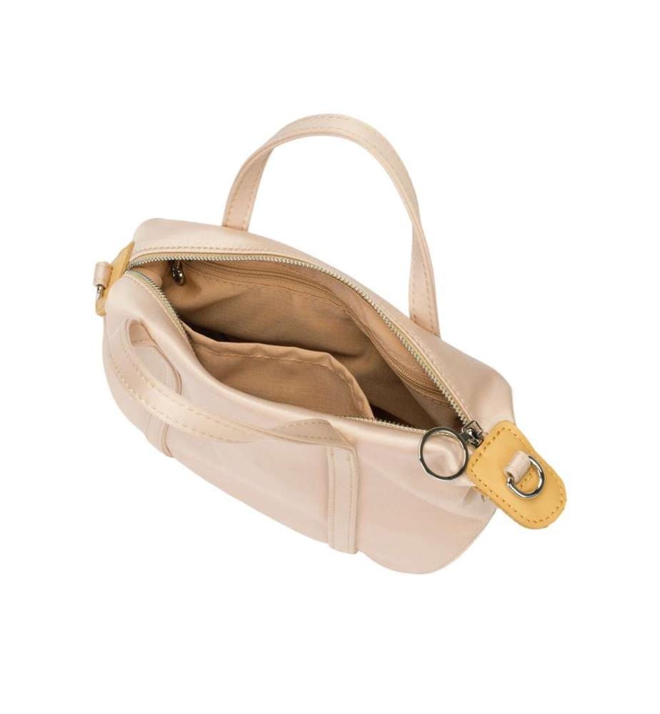 Petit sac Boston en satin de triacétate avec bandoulière en cuir - Nude