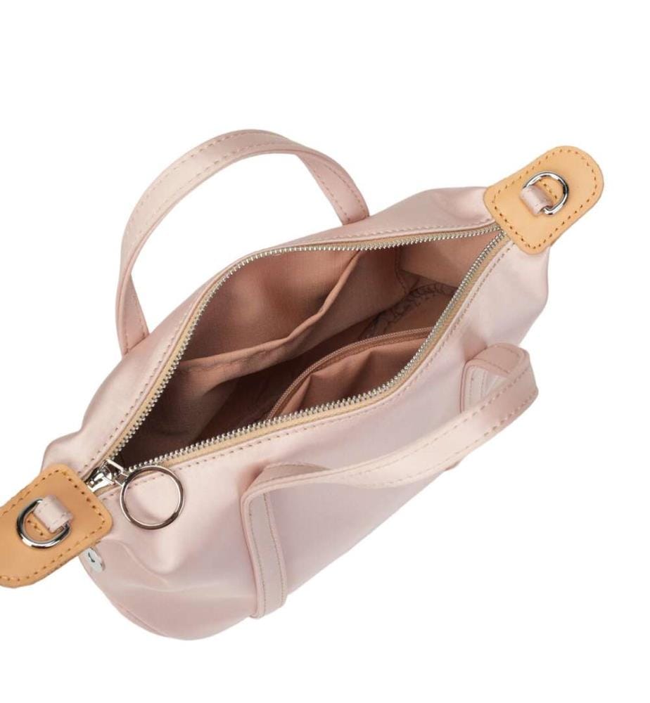 Petit sac Boston en satin de triacétate avec bandoulière en cuir - Nude