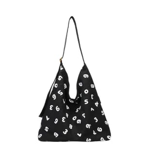 Sac fourre-tout hobo oversize en ramie naturelle, avec imprimé de chiffres et bandoulière en cuir - Noir