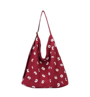Sac fourre-tout hobo oversize en ramie naturelle, avec imprimé de chiffres et bandoulière en cuir - Rouge