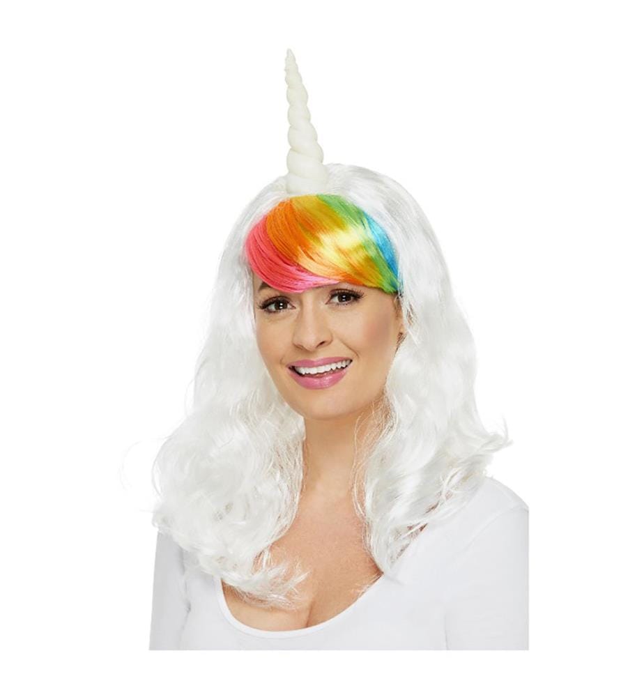 Perruque de licorne pour femme, Blanc, Frange arc - en - ciel