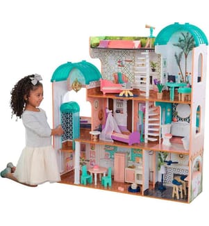 KidKraft 65986 Camila Puppenhaus aus Holz mit Möbeln Zubehör, Spielset mit drei Spielebenen für 30 cm grosse Puppen, mit Licht- und Soundeffekten