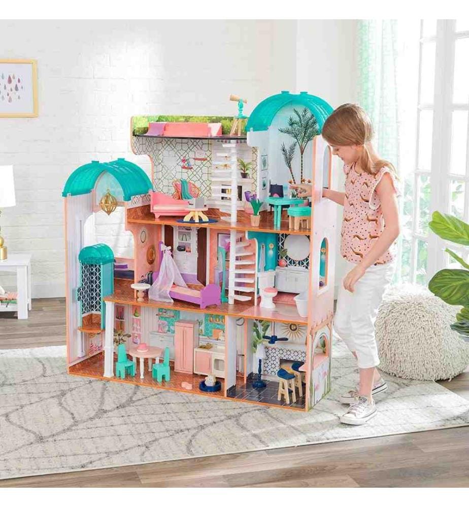 KidKraft 65986 Camila Puppenhaus aus Holz mit Möbeln Zubehör, Spielset mit drei Spielebenen für 30 cm grosse Puppen, mit Licht- und Soundeffekten