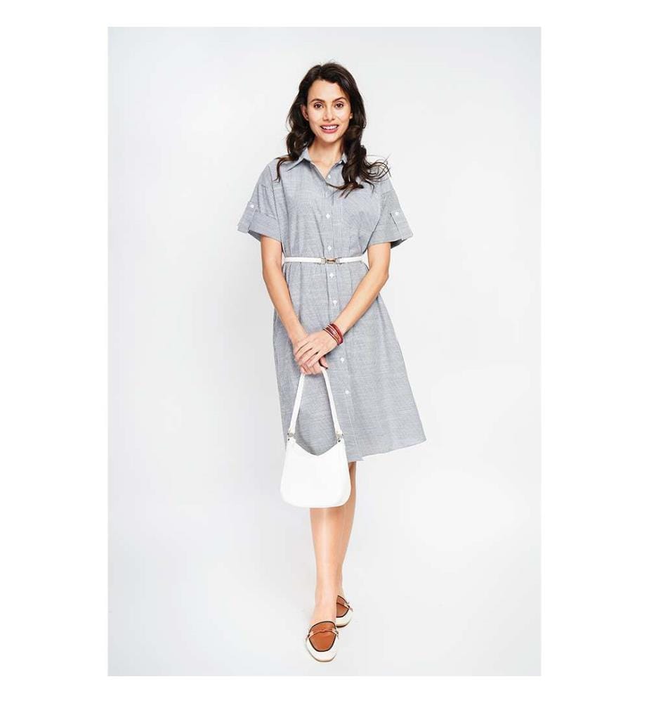 Robe chemise longue rayée à manches courtes et boutonnée - Noir