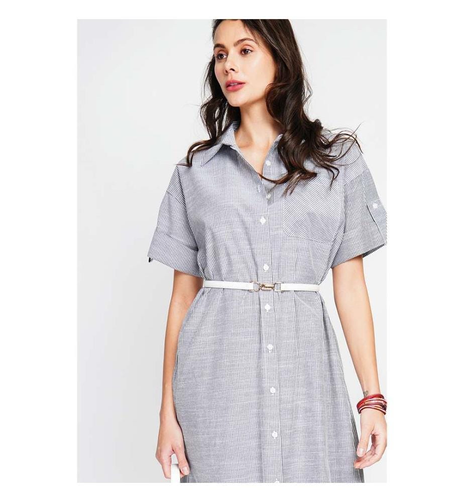 Robe chemise longue rayée à manches courtes et boutonnée - Noir