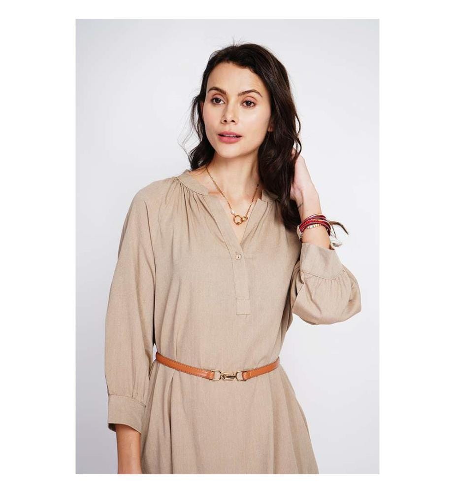 Robe longue évasée, boutonnée sur le devant et à manches longues - Camel