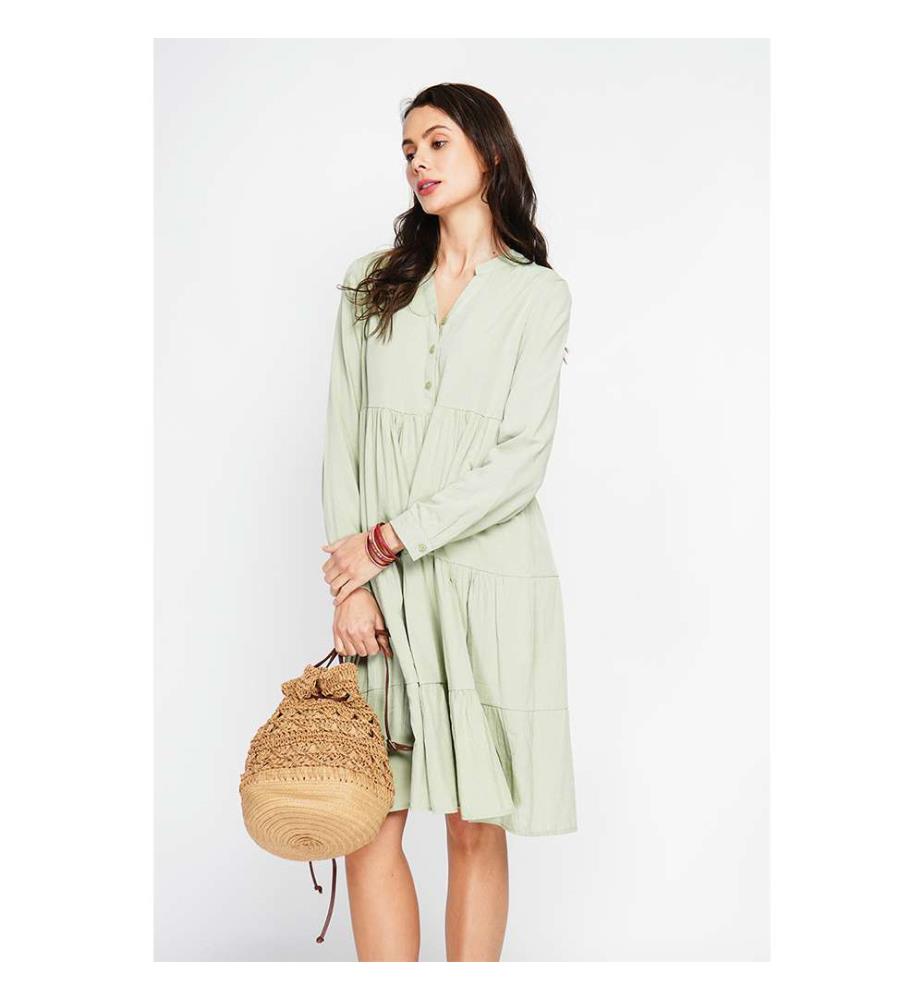 Robe évasée à col tunisien avec plis sur le devant et manches longues - Vert Jade