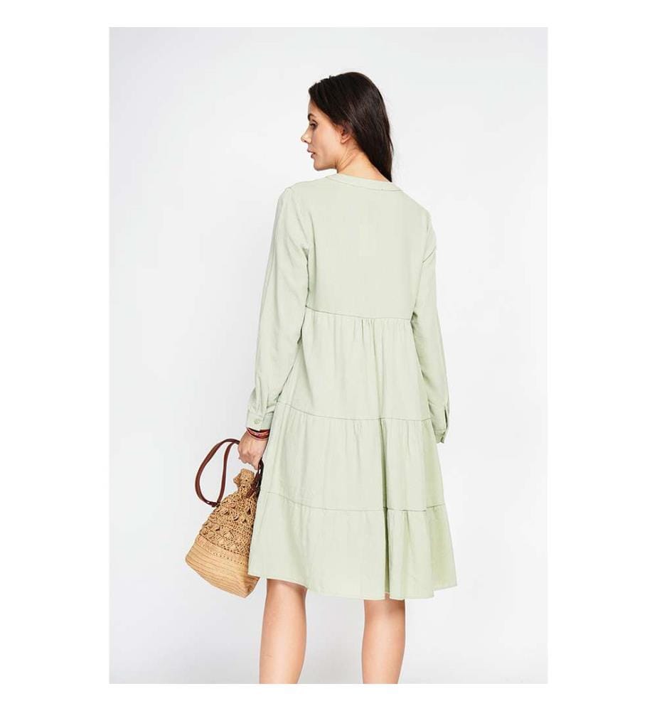 Robe évasée à col tunisien avec plis sur le devant et manches longues - Vert Jade