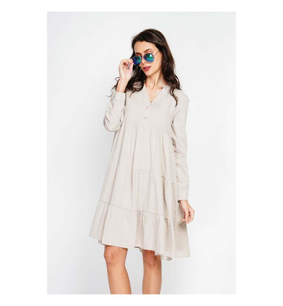 Robe évasée à col tunisien avec plis sur le devant et manches longues - Lin