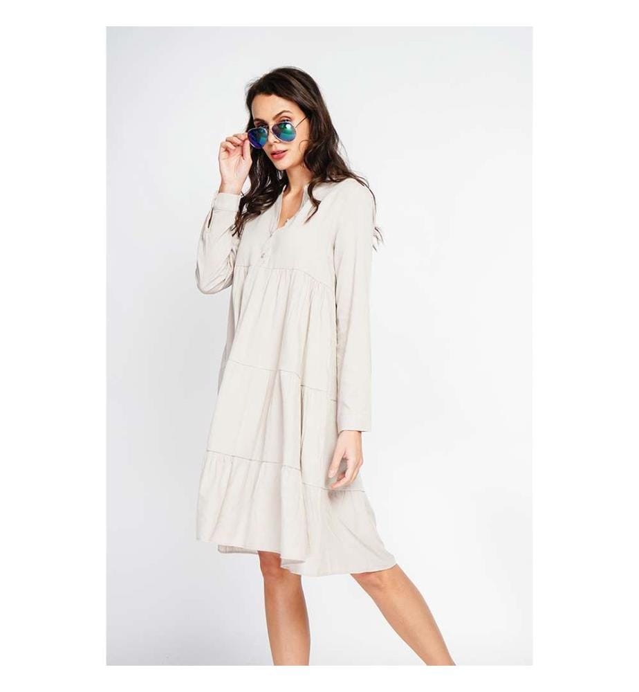 Robe évasée à col tunisien avec plis sur le devant et manches longues - Lin