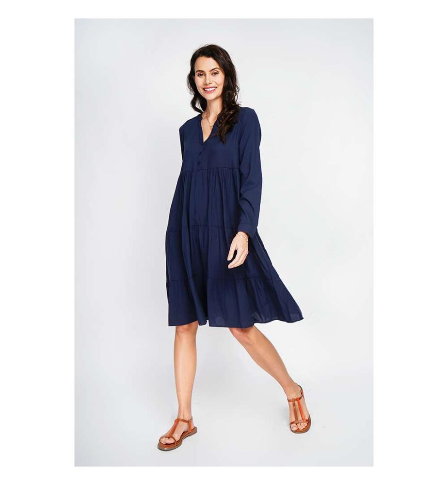 Robe évasée à col tunisien avec plis sur le devant et manches longues - Bleu marine