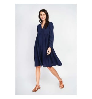 Robe évasée à col tunisien avec plis sur le devant et manches longues - Bleu marine