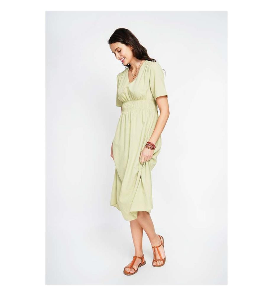 Robe Longue Col V À Volants En Manche Court - Vert Anis
