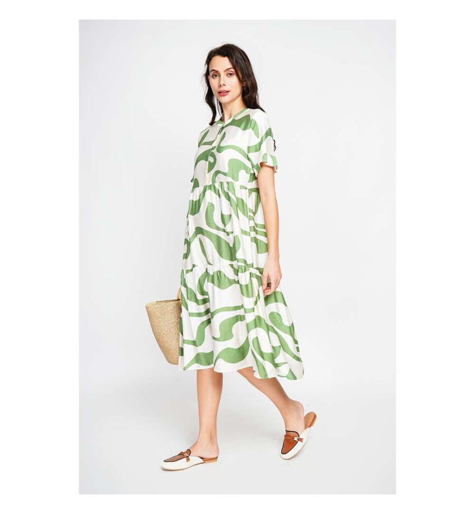 Robe Midi Col Tunisien Boutonné Devant À Manches Courte - Blanc/Menthe