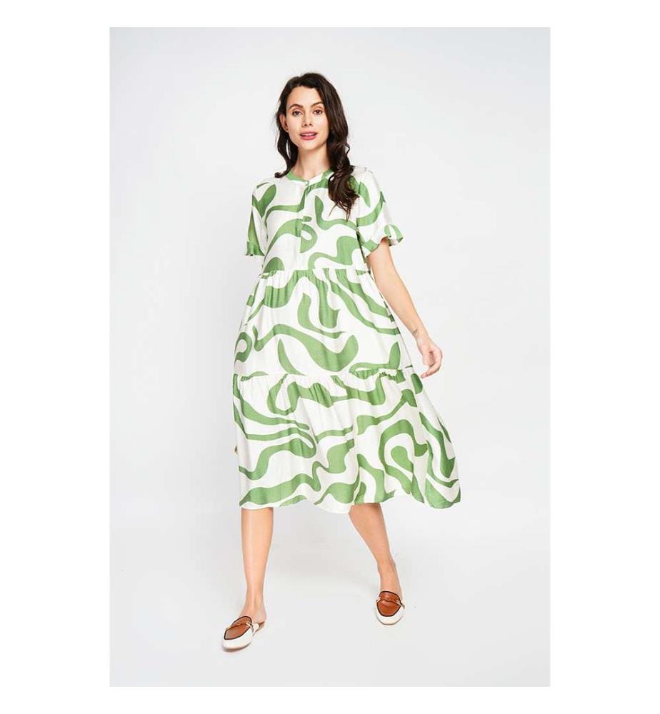 Robe Midi Col Tunisien Boutonné Devant À Manches Courte - Blanc/Menthe