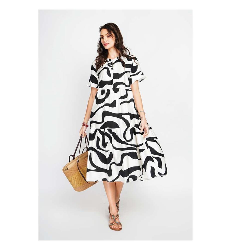 Robe Midi Col Tunisien Boutonné Devant À Manches Courte - Blanc/Noir