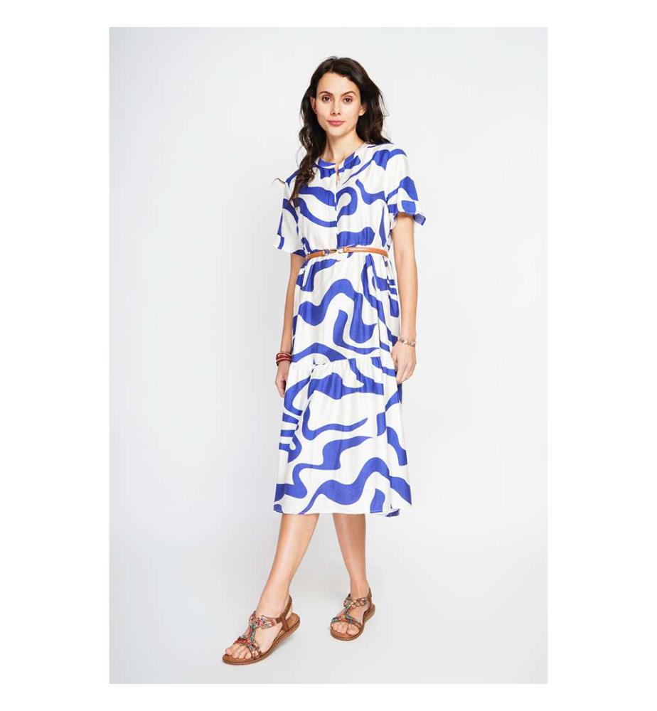 Robe Midi Col Tunisien Boutonné Devant À Manches Courte - Blanc/Royal