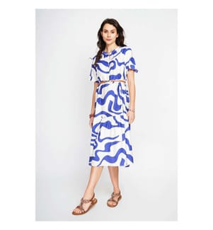 Robe Midi Col Tunisien Boutonné Devant À Manches Courte - Blanc/Royal