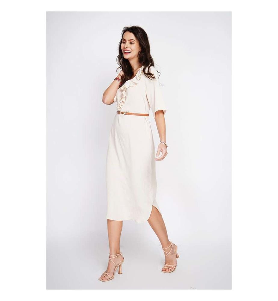 Robe Longue Col V À Volant Devant En Manches 3/4  - Lin