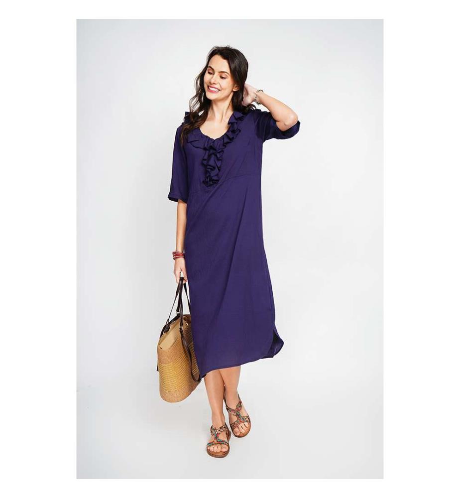 Robe Longue Col V À Volant Devant En Manches 3/4 - Marine