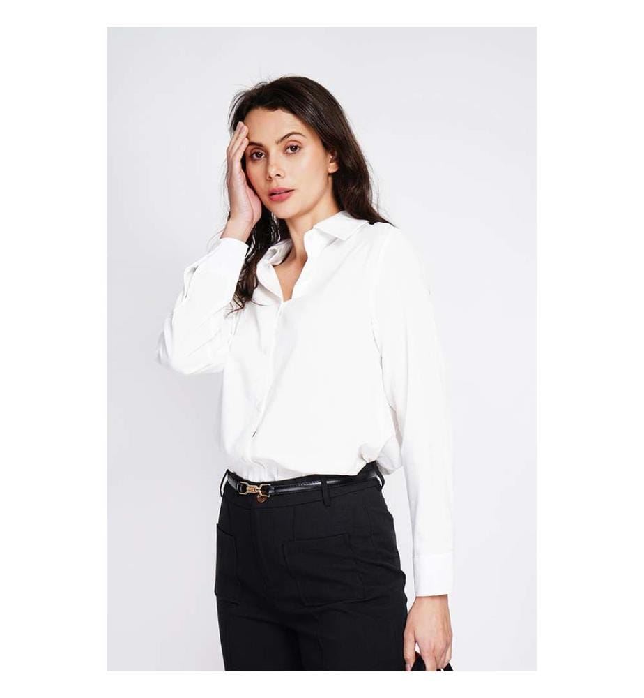 Chemise Col Classique,Coupe Droite Boutons En Nacre À Manches Longues - Blanc