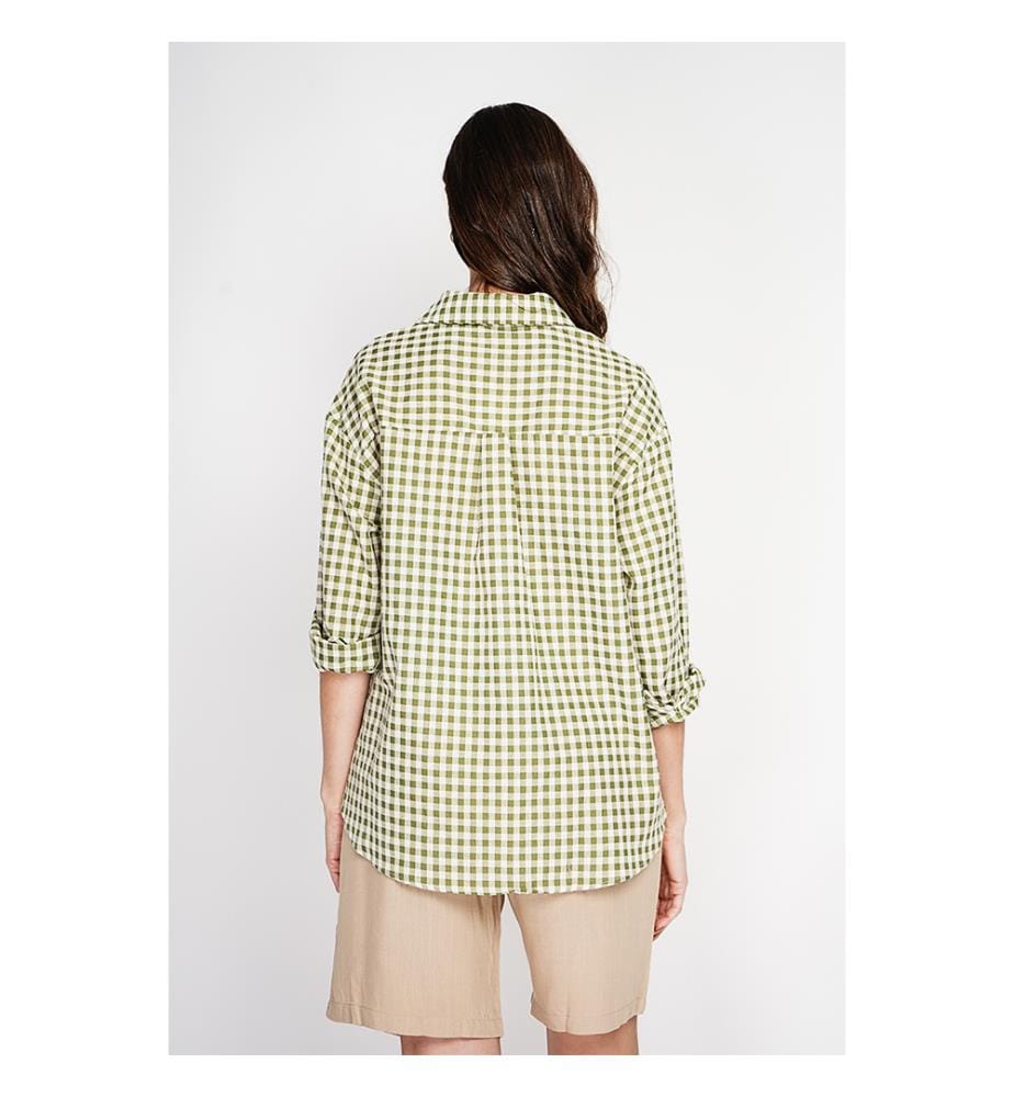 Camicia lunga oversize con taschino sul petto, maniche lunghe, a quadri - Cachi chiaro