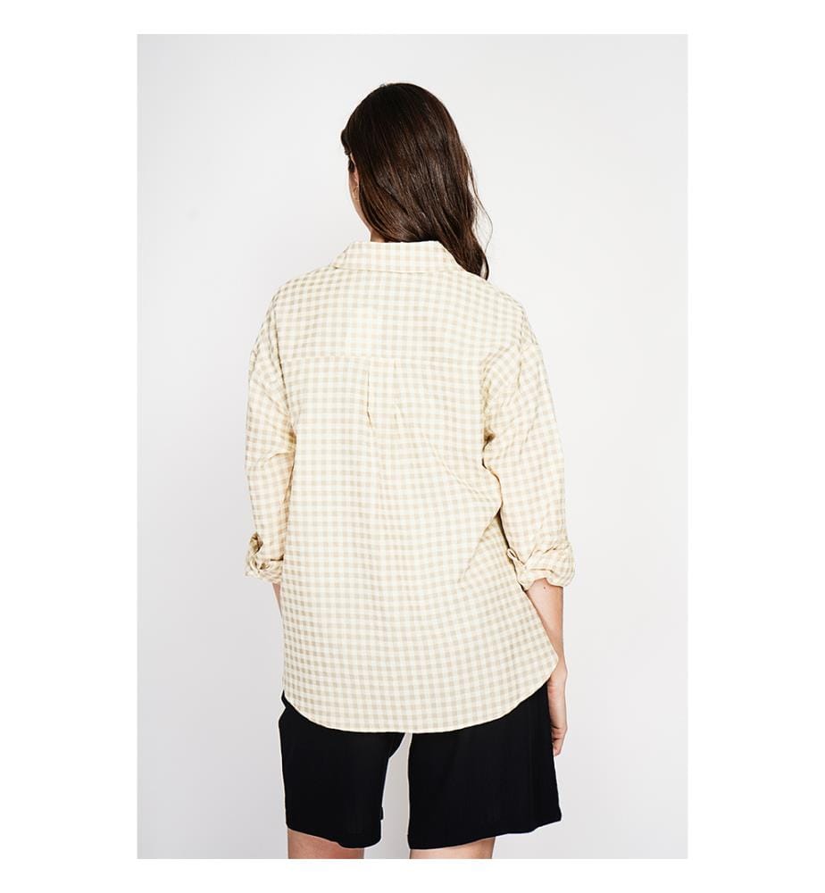 Chemise longue coupe oversize Poche poitrine à manches longues à carreaux - Lin