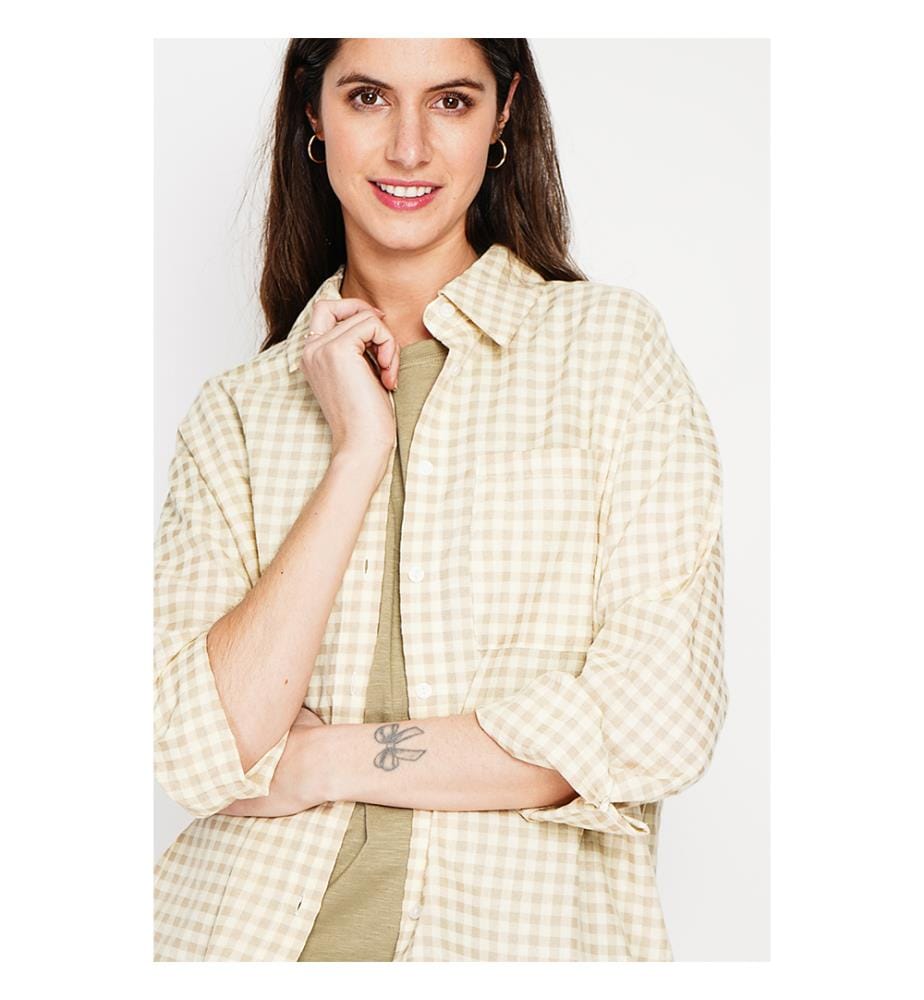 Chemise longue coupe oversize Poche poitrine à manches longues à carreaux - Lin