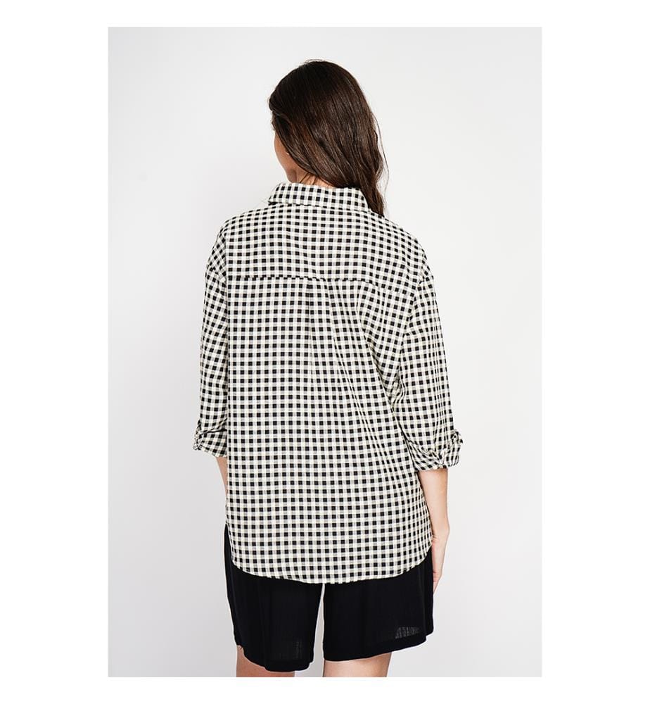 Chemise longue coupe oversize Poche poitrine à manches longues à carreaux - Noir