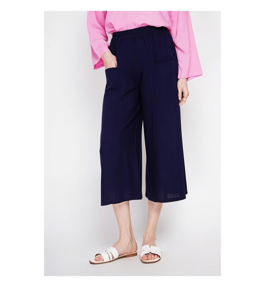 Pantacourt large taille haute avec poches devant - Marine