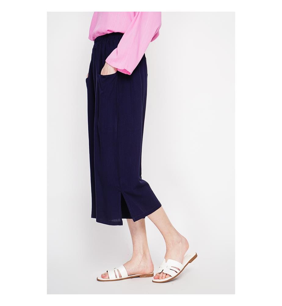 Pantacourt large taille haute avec poches devant - Marine