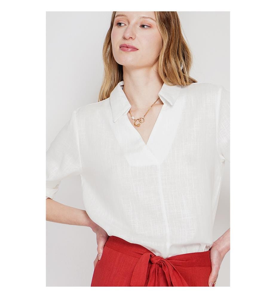 Blouse col chemise évasée à manche longueur - Blanc