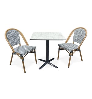 Set aus Gartentisch BISTRO (70x70 cm) aus schwarzem Stahl mit HPL-Platte mit weissem Marmoreffekt und 2 stapelbaren BISTRO-Sesseln - BLAU