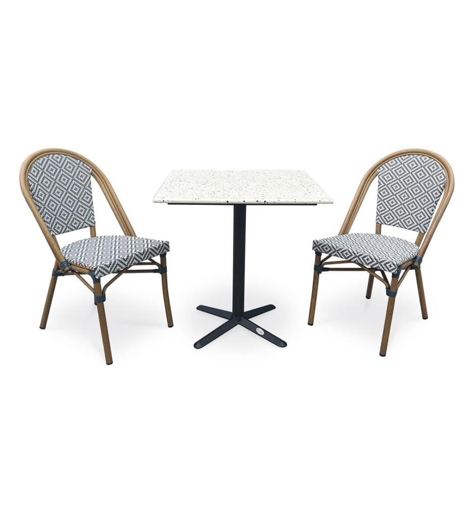 Ensemble table de jardin BISTRO (70x70 cm) en acier noir avec plateau terrazzo blanc et 2 fauteuils BISTRO empilables - BLEU