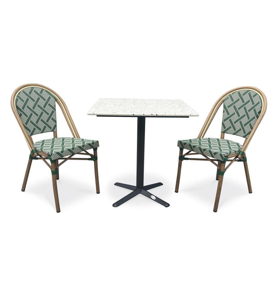 Ensemble table de jardin BISTRO (70x70 cm) en acier noir avec plateau terrazzo blanc et 2 fauteuils BISTRO empilables - VERT